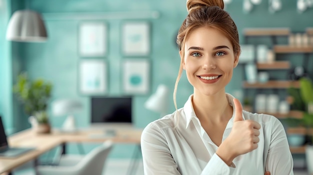 Photo cheerful businesswoman giving thumbs up in modern office setting