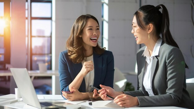 Cheerful businesswoman talking to her workmate