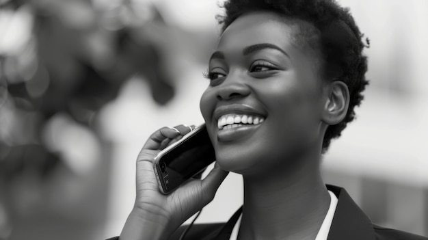 A cheerful businesswoman talking on the phone