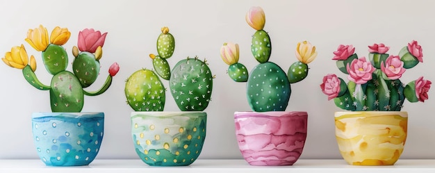 Cheerful Cactus in Colorful Pot Watercolor Art on White Background A Vibrant Display of Natures