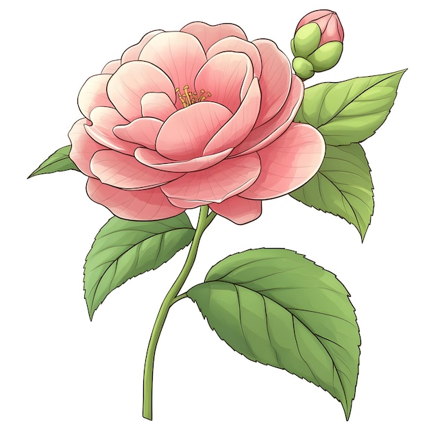 Cheerful Camellia Flower in Cartoon Children s Drawing Style on Clean White Background