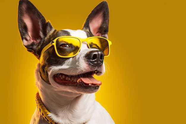 A cheerful canine donning shades shone brightly on a studio backdrop ai generated