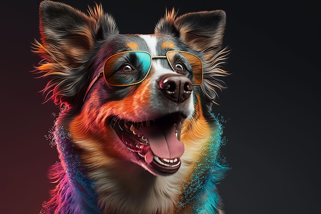 A cheerful canine donning shades shone brightly on a studio backdrop