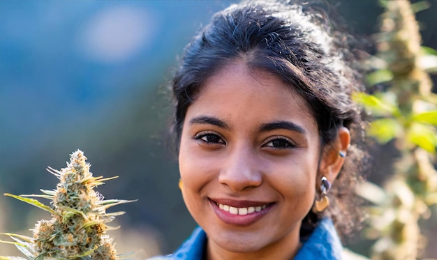 cheerful cannabis farmer showing the buds of her harvest 420 concept