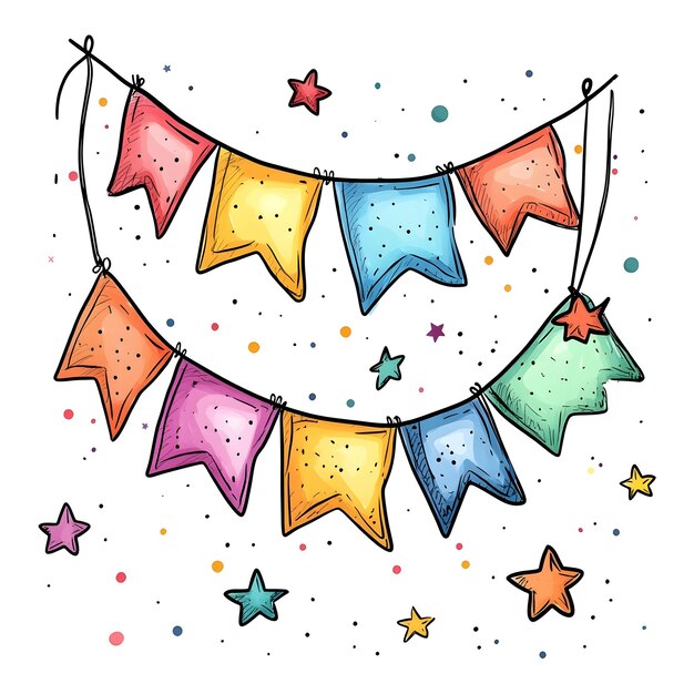 Photo cheerful cartoon birthday banner with colorful stars and simple hand drawn style