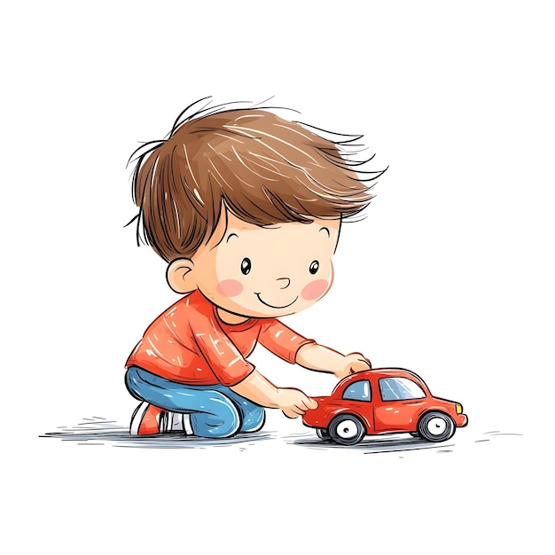 Cheerful Cartoon Boy Playing with Toy Car on Clean White Background