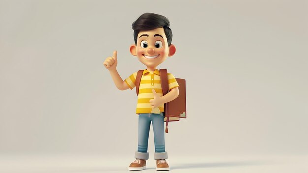 Cheerful Cartoon Boy with Backpack Pointing Excitedly