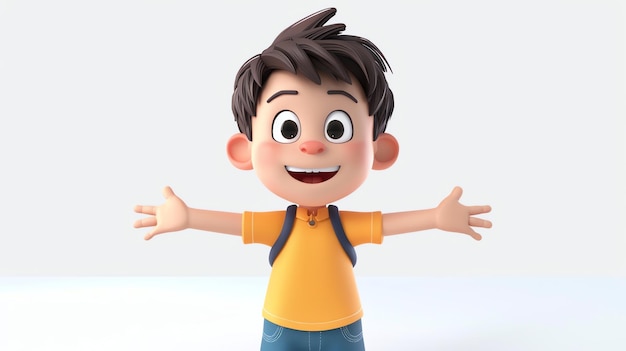 A cheerful cartoon boy with a backpack smiles and welcomes you with open arms