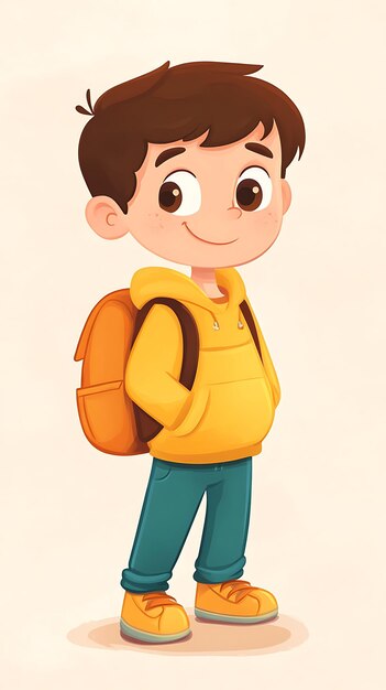 A cheerful cartoon boy in a yellow hoodie and orange sneakers with a backpack