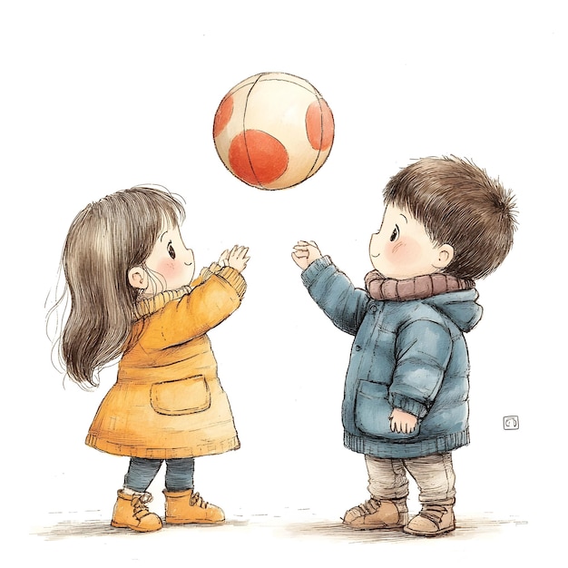 Cheerful Cartoon Children Playing with Ball on Clean White Background