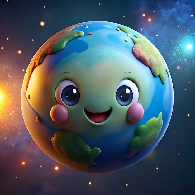 A cheerful cartoon Earth with big eyes and a happy smile floating in space against a starry background