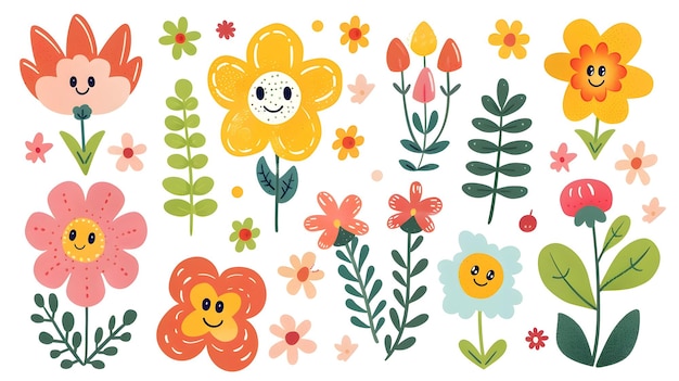 Cheerful Cartoon Flowers and Floral Elements in Vibrant Nature Pattern