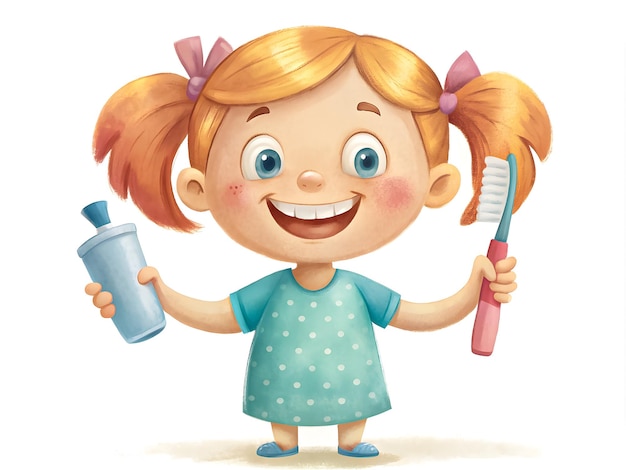 Photo cheerful cartoon girl in a teal dress with polka dots proudly displaying her toothbrush and blue water bottle