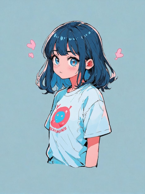 Cheerful Cartoon Girl with Vibrant Blue Hair in Casual Outfit