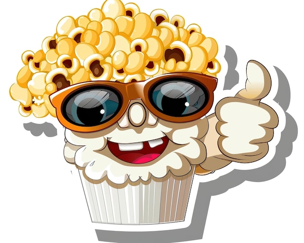 Photo cheerful cartoon popcorn character in sunglasses giving thumbs up in red and white striped bucket