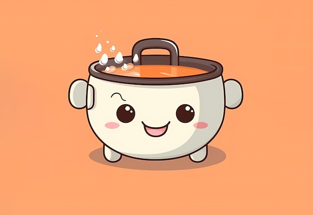 A cheerful cartoon pot with boiling water Happy pot illustration on pink background Cooking food