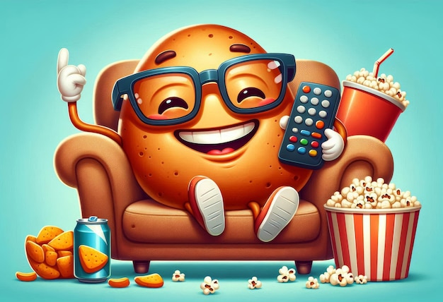 Photo cheerful cartoon potato character relaxing on a cozy couch with snacks and drinks while watching tv