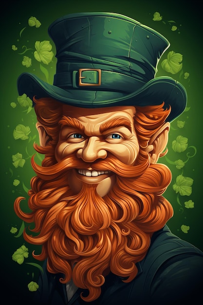 Cheerful Cartoon Saint Patrick with Red Beard in Green Hat on Clover Leaf Background