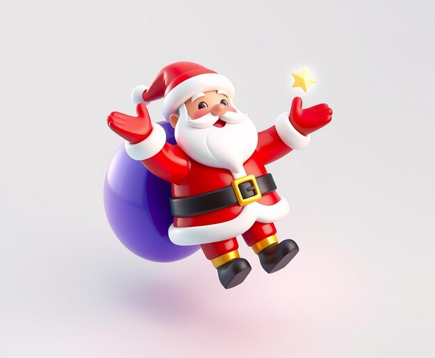 Cheerful cartoon Santa Claus holding a purple bag and reaching for a golden star