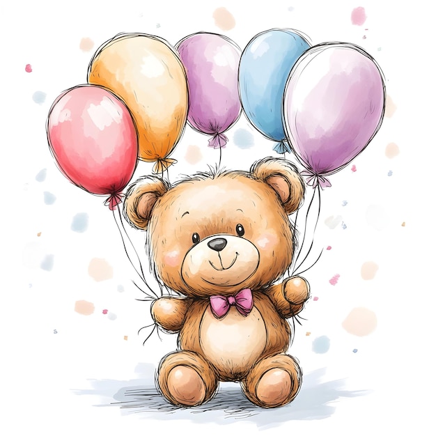 Photo cheerful cartoon teddy bear with balloons on clean white background