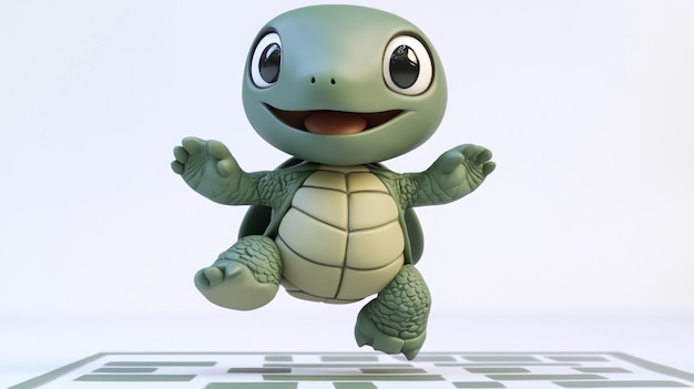 Photo a cheerful cartoon turtle character with a big smile jumping in a playful manner