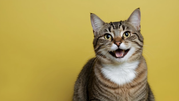 A cheerful cat smiling against a bright yellow background