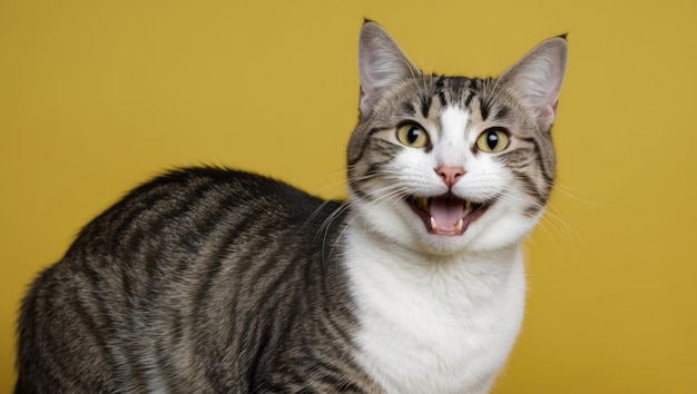 A cheerful cat smiling against a bright yellow background