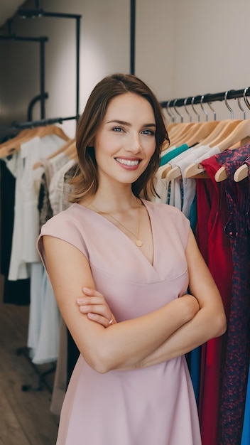 Cheerful caucasian fair haired woman standing with arms folded near rack with dresses in clothes sh