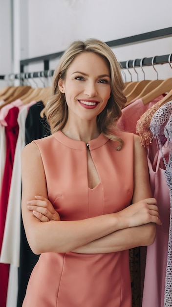 Cheerful caucasian fair haired woman standing with arms folded near rack with dresses in clothes sh