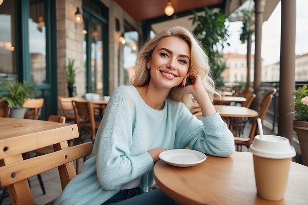 Cheerful Caucasian Lady Resting in Cozy Cafe Terrace