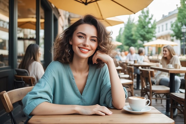 Photo cheerful caucasian lady resting in cozy cafe terrace