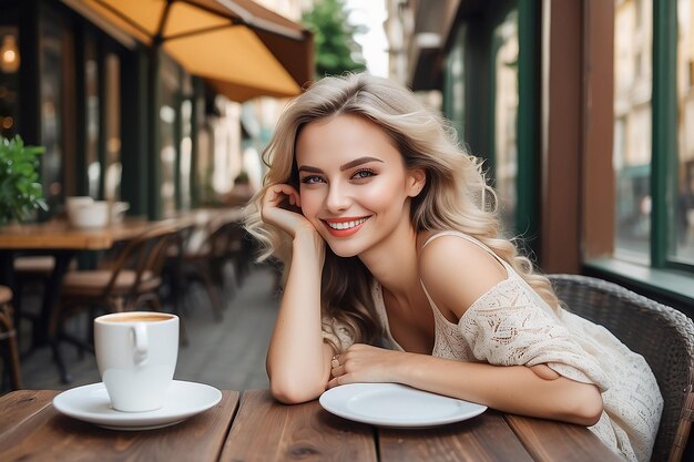 Photo cheerful caucasian lady resting in cozy cafe terrace