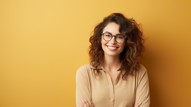 Cheerful Caucasian woman with curly brown hair smiling against beige background