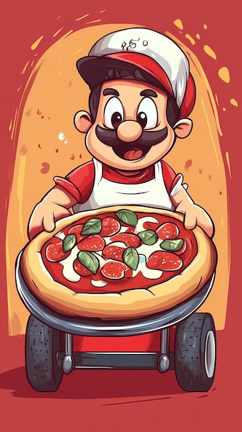 Photo a cheerful character delivers a pizza topped with pepperoni and basil on a wheeled cart