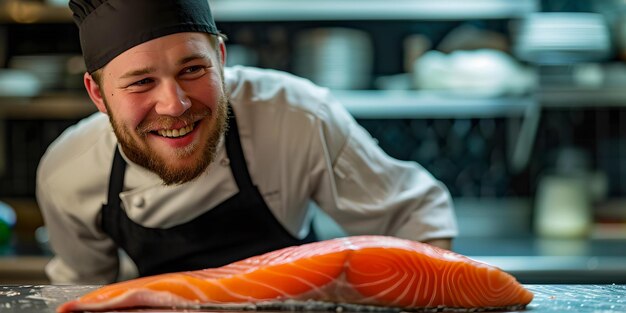 Cheerful chef preparing fresh salmon in a modern kitchen culinary expertise and passion combined perfect for restaurant promos AI