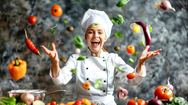 Photo a cheerful chef throws an array of fresh vegetables and greens into the air celebrating the joy of cooking in a stylish kitchen atmosphere