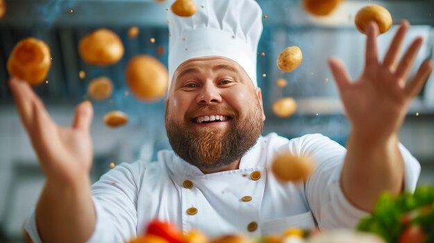 Photo a cheerful chef in a white uniform boasts a big smile while tossing golden potatoes into the air amidst a lively kitchen environment filled with fresh ingredients