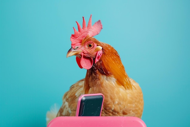 Photo cheerful chicken holding a tablet against a bold electric blue background ideal for fun and energetic visuals