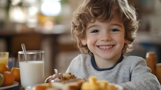 Photo cheerful child enjoying a warm morning meal at home