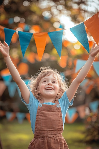 Cheerful child is laughing and raising their arms in celebration under a colorful party garland outdoors