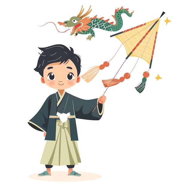 A cheerful child in traditional attire flying a dragon kite capturing the essence of joy and cultural heritage