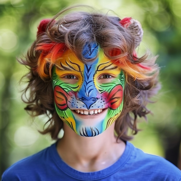 Photo cheerful child in vibrant animal face paint smiling with blurred nature backdrop