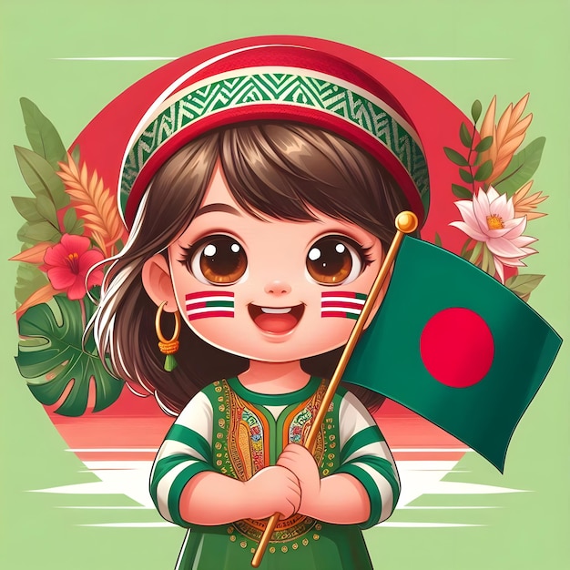 Cheerful Child with Bangladesh Flag and Flowers