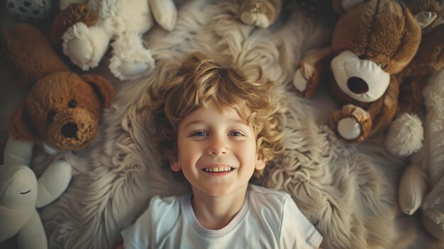 Photo a cheerful child with curly hair lies on a fluffy rug surrounded by soft cuddly stuffed animals smiling brightly at the camera