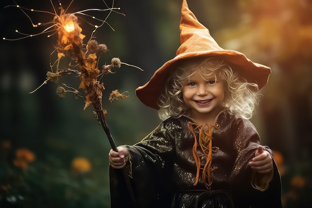 Cheerful Child in a wizard costume holding a magic staff