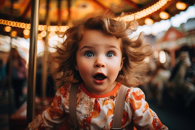 Cheerful childhood portrait of a shocked child in an amusement park Little shaggy girl with surprise emotion riding on a carousel