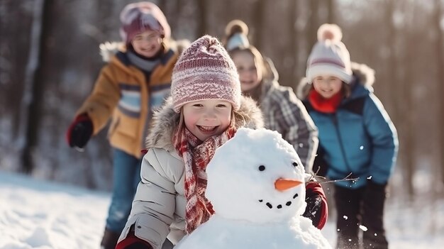 Cheerful children are making a snowman on the street AI generation