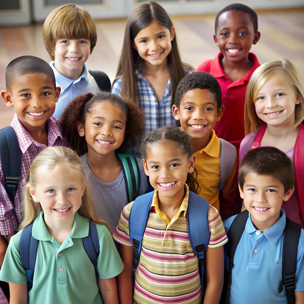 Cheerful Children in Colorful Sweaters Posing for School Photo