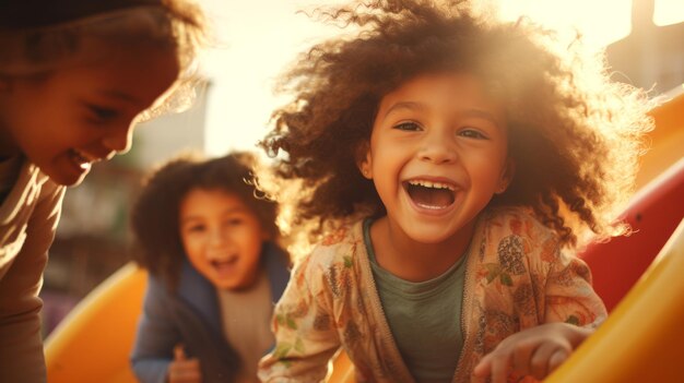 Photo cheerful children of different nationalities play at the playground concept of childhood joy outdoor activities friendship summertime happiness and diverse youth