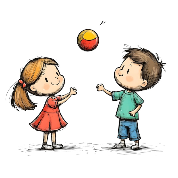 Cheerful Children Playing with Ball in Playful Cartoon